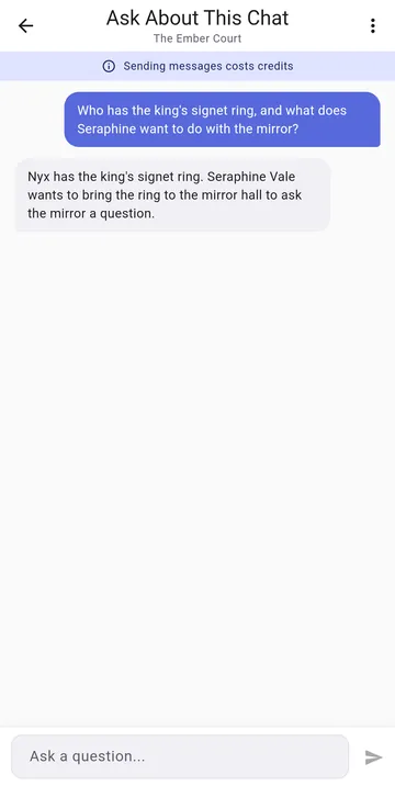 Asking a question about the story in RP Nowz and getting an answer drawn from the chat history