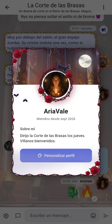 Una tarjeta de perfil con marco de rosas, un banner con luna y un marco animado
