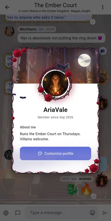 A profile card with a rose frame, a moonlit banner and an animated border