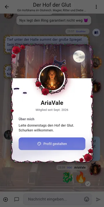 Eine Profilkarte mit Rosenrahmen, einem Banner mit Mond und einem animierten Avatar-Rahmen