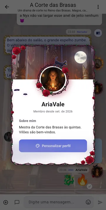 Um cartão de perfil com moldura de rosas, banner com lua e borda animada