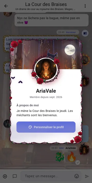 Une carte de profil avec un cadre de roses, une bannière au clair de lune et un cadre d'avatar animé