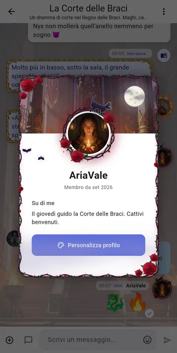 Una scheda profilo con cornice di rose, un banner con la luna e una cornice animata