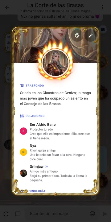 La tarjeta del personaje Seraphine Vale con su trasfondo, sus relaciones y su retrato