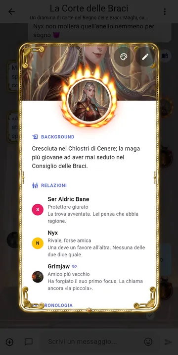 La scheda del personaggio Seraphine Vale con background, relazioni e ritratto
