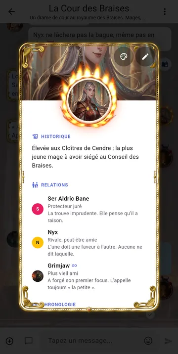 La carte du personnage Seraphine Vale avec son histoire, ses relations et son portrait
