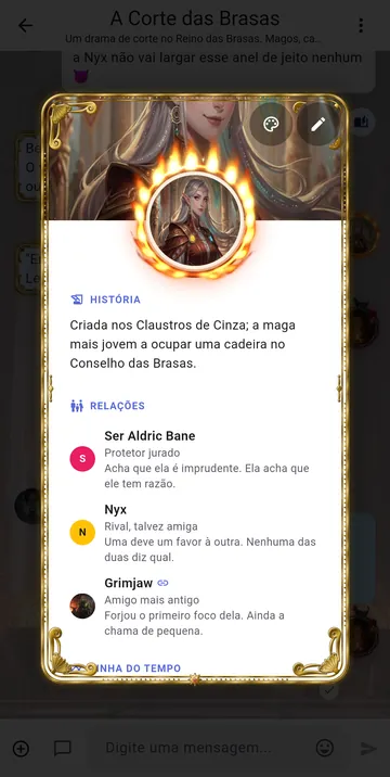 O cartão da personagem Seraphine Vale com história, relações e retrato