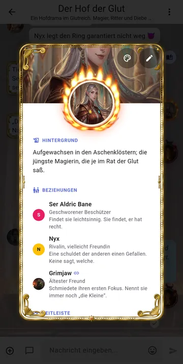 Die Charakterkarte von Seraphine Vale mit Hintergrund, Beziehungen und Porträt