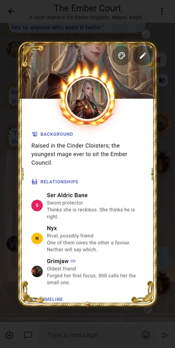 Seraphine Vale's character card with her background, relationships and portrait