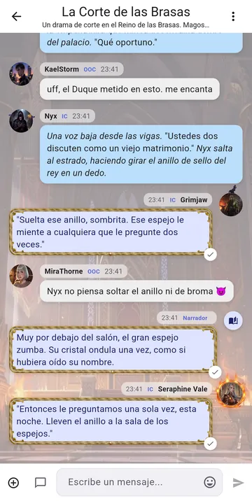 Un rol en grupo en RP Nowz: frases en personaje, charla fuera de rol y un narrador que prepara la escena