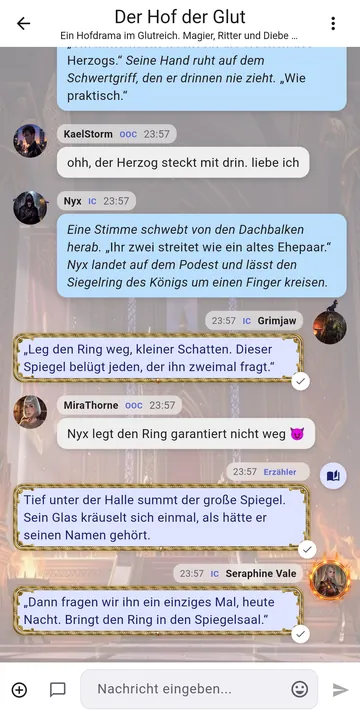 Ein Gruppen-Rollenspiel in RP Nowz: Zeilen in der Rolle, OOC-Gespräche und ein Erzähler, der die Szene setzt