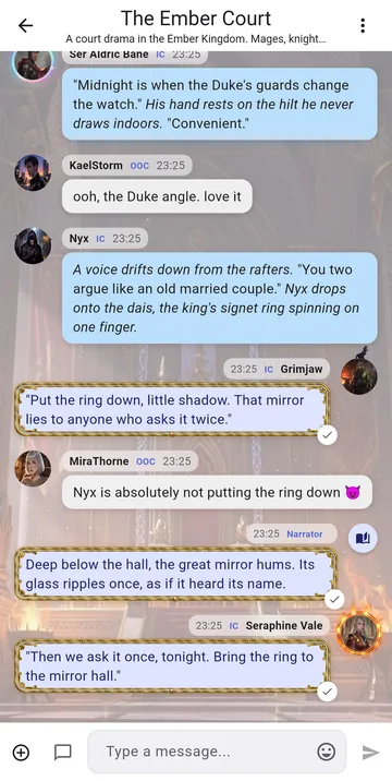 A group roleplay in RP Nowz: in-character lines, out-of-character chatter and a narrator setting the scene