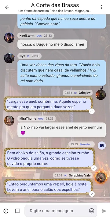 Um roleplay em grupo no RP Nowz: falas de personagem, conversa em off e o narrador montando a cena