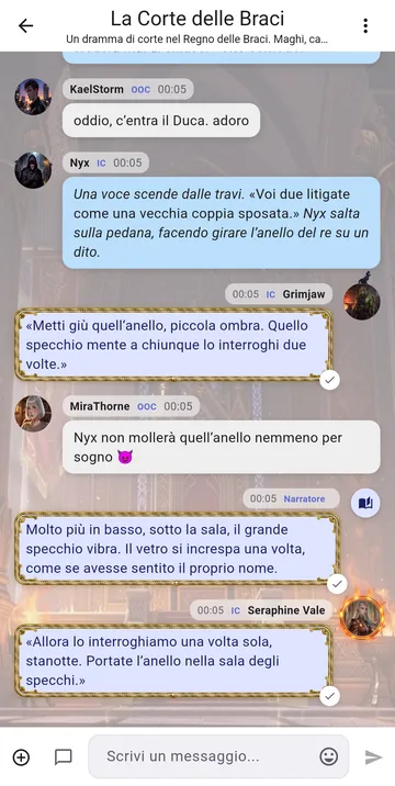 Un gioco di ruolo di gruppo su RP Nowz: battute in personaggio, chiacchiere in off e un narratore che prepara la scena