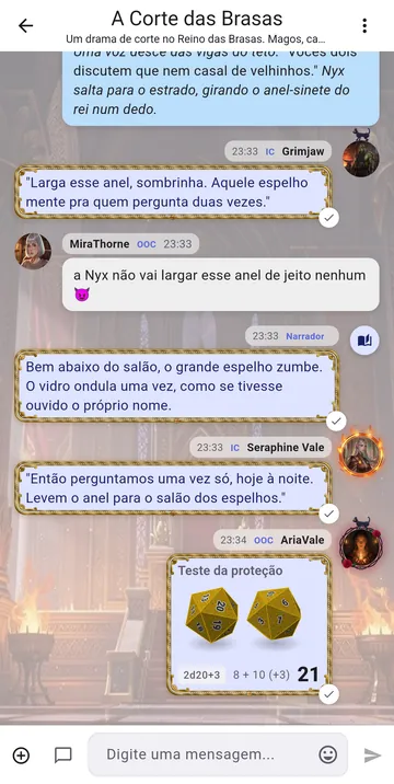 Dois d20 dourados caindo no chat, com o total para todo mundo ver