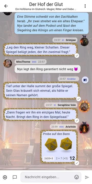 Zwei goldene d20 landen im Chat, die Summe für alle sichtbar