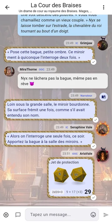 Deux d20 dorés atterrissent dans le chat, avec le total visible par tous