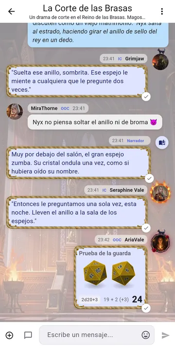 Dos d20 dorados caen en el chat con el total a la vista de todos