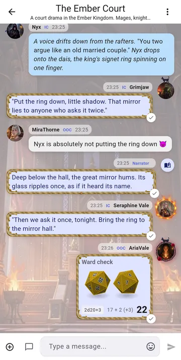 Two golden d20s landing in the chat, with the total for everyone to see
