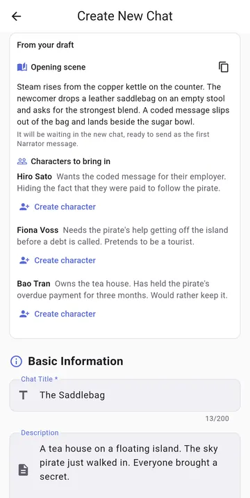 A new chat drafted from one idea, with its cast and an opening scene