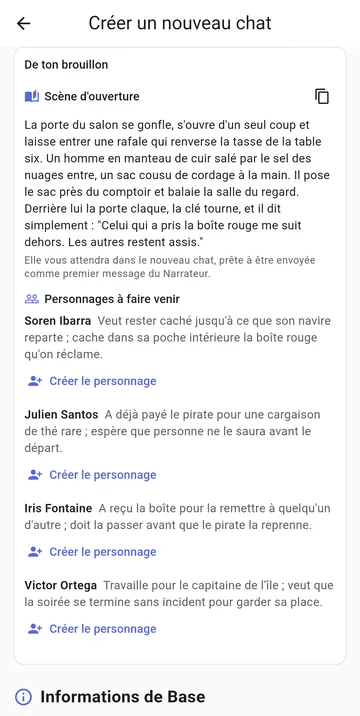 Un nouveau chat créé à partir d'une idée, avec ses personnages et une scène d'ouverture