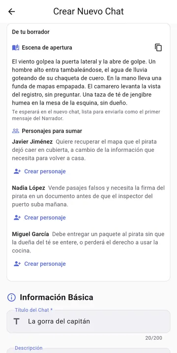 Un chat nuevo creado a partir de una idea, con su reparto y una escena de apertura