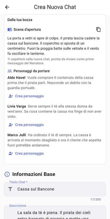 Una nuova chat creata da un'idea, con il suo cast e una scena d'apertura