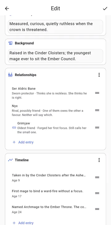 Editing a character profile in RP Nowz with relationships, timeline, facts and secrets sections