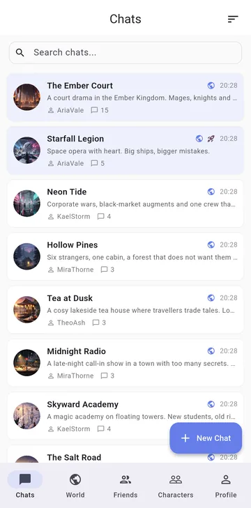 The Chats tab in RP Nowz listing several roleplay stories available to read offline