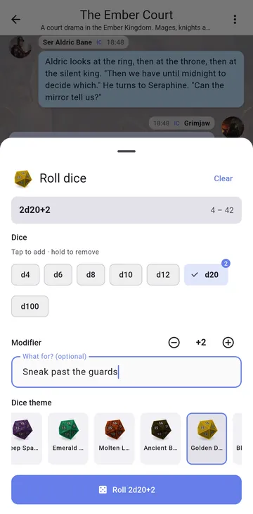 The dice tray in RP Nowz: choose dice, add a modifier and label the roll