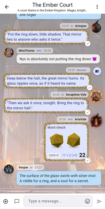 A character answering in the chat to keep the scene moving