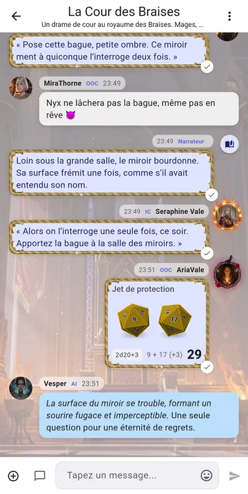 Un personnage répond dans le chat pour faire avancer la scène