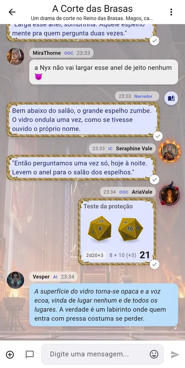 Um personagem respondendo no chat para a cena continuar