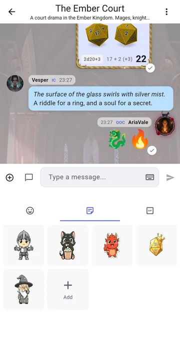 Custom stickers and emojis used inside an RP Nowz roleplay chat