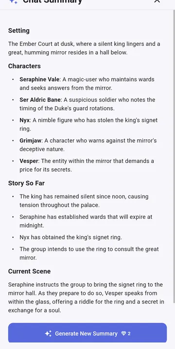 A summary of the story so far: the setting, the characters and the current scene