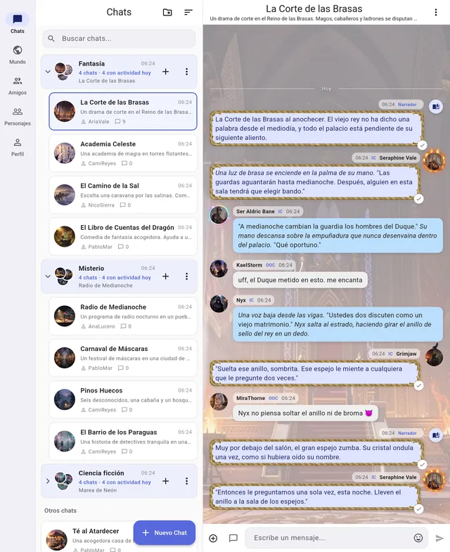 RP Nowz en una tablet: carpetas de chats a la izquierda y el chat La Corte de las Brasas abierto a la derecha