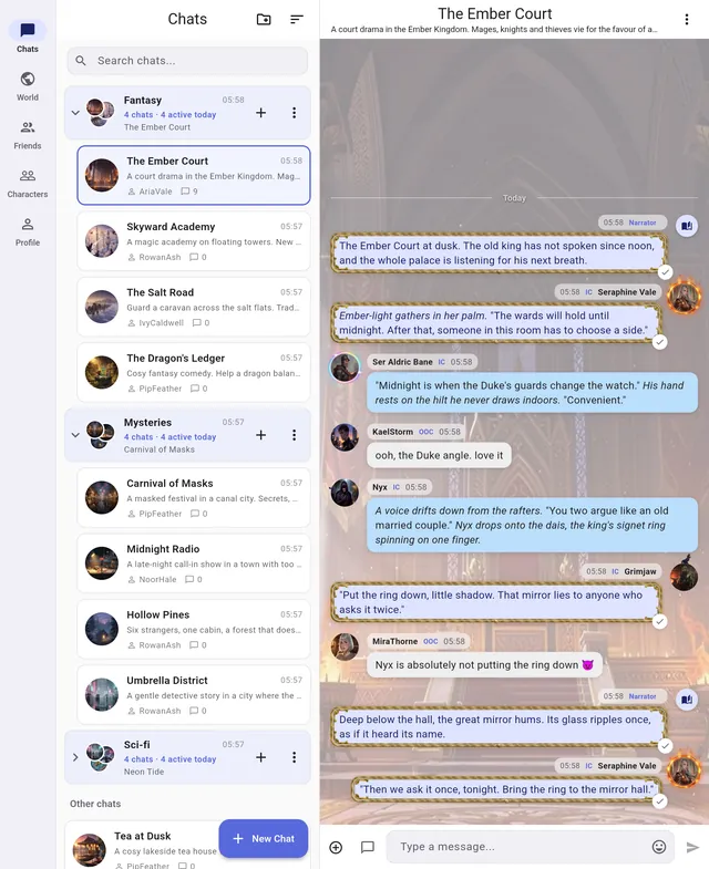 RP Nowz on a tablet: chat folders on the left, The Ember Court open on the right