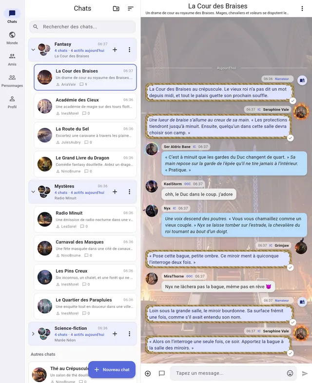 RP Nowz sur tablette : les dossiers de chats à gauche, le chat La Cour des Braises ouvert à droite