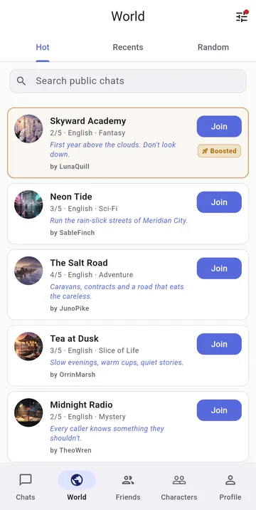 The World tab listing public roleplay chats with their genre, language and open seats