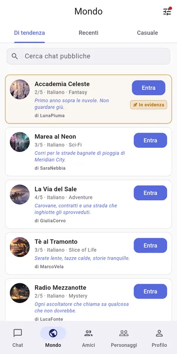 La scheda Mondo con chat di gioco di ruolo pubbliche, il loro genere, la lingua e i posti liberi