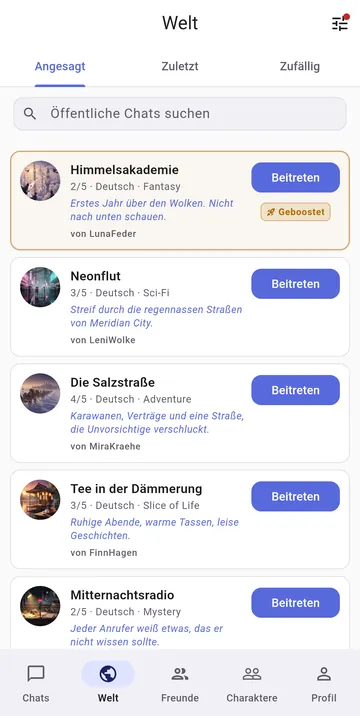Der Tab Welt mit öffentlichen Rollenspiel-Chats, ihrem Genre, ihrer Sprache und freien Plätzen
