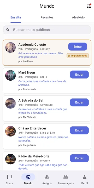 A aba Mundo com chats públicos de roleplay, gênero, idioma e vagas abertas