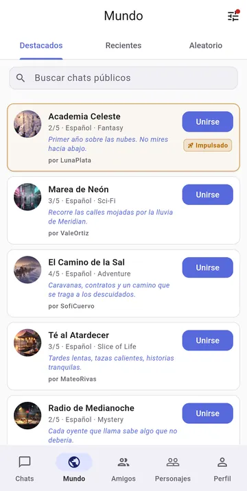 La pestaña Mundo con chats de rol públicos, su género, idioma y lugares libres