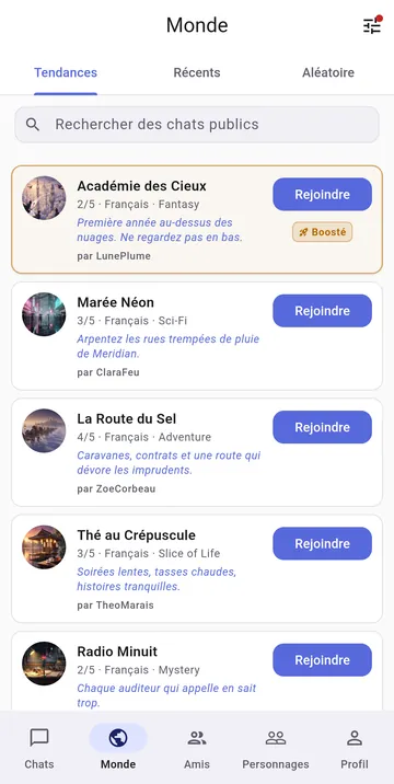 L'onglet Monde avec des chats de jeu de rôle publics, leur genre, leur langue et les places libres